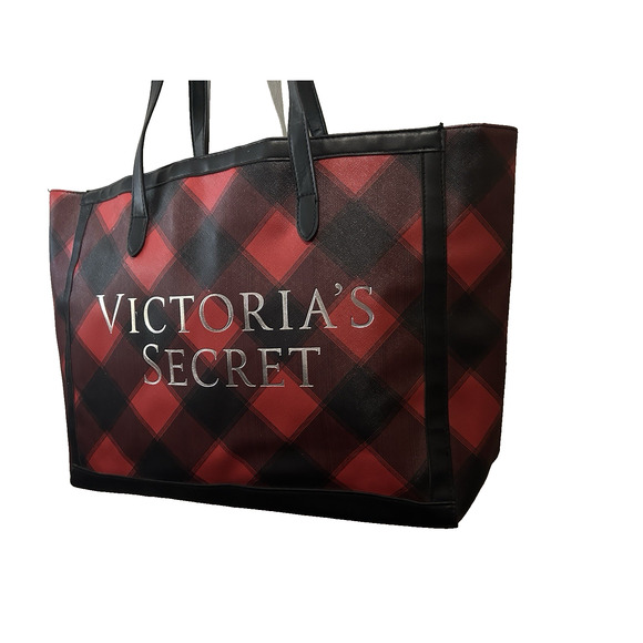 Women’s Victoria’s Secret Red And Black Tartan Buffalo Plaid Open Tote Bag - Picture 3 of 7